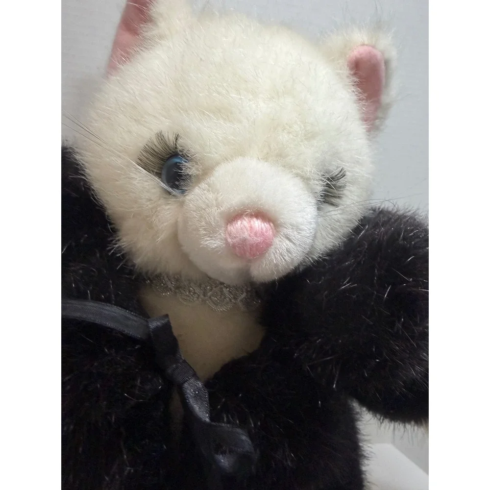 Vintage Russ Berrie Jennifer White Cat Plush Black Faux Fur Coat Eyelashes Korea